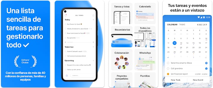 Capturas de pantalla de Any.do en Android mostrando lista diaria de tareas, recordatorios, opciones de colaboración y vista de calendario con tareas y eventos lado a lado.