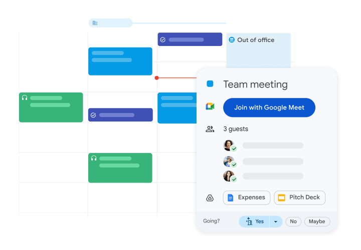 Google Calendar weekly view showing a team meeting event with Google Meet link, guest RSVPs, and attached documents.
