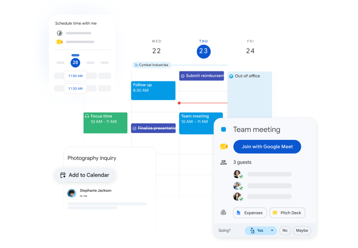 Vista de semana de Google Calendar con la tarjeta de un evento «Team meeting» que muestra un botón Unirse con Google Meet, tres invitados y archivos adjuntos, junto a un panel de reservas «Schedule time with me».