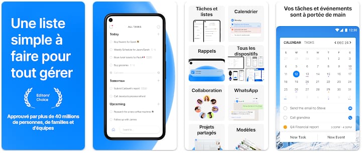 Captures d'écran de Any.do sur Android avec planificateur quotidien, liste de tâches et vue calendrier (tâches et événements côte à côte).