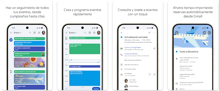 Capturas de pantalla de Google Calendar en Android mostrando vista de agenda, creación rápida de eventos, unirse a reuniones con un toque e importación de reservas desde Gmail.