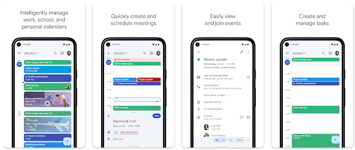 Google Calendar app screenshots on Android showing agenda view, quick event creation, one-tap meeting join, and Gmail travel reservation import.
