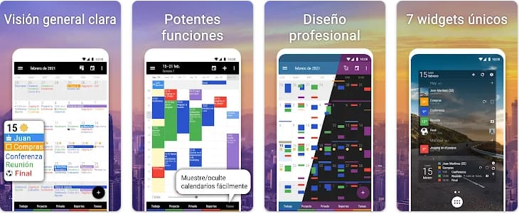 Capturas de pantalla de Business Calendar 2 en Android mostrando vistas de eventos y tareas, resumen en agenda, herramientas para ahorrar tiempo al programar y personalización con calendarios por colores.