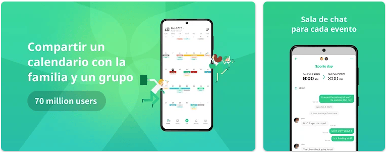 Capturas de pantalla de TimeTree mostrando un calendario compartido para familias o grupos y comentarios por evento para coordinar planes.