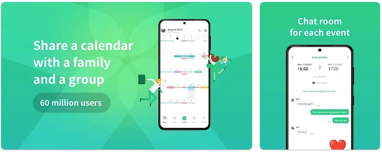 TimeTree shared calendar app screenshots showing calendar sharing for families or groups and event-based comments for coordinating plans.