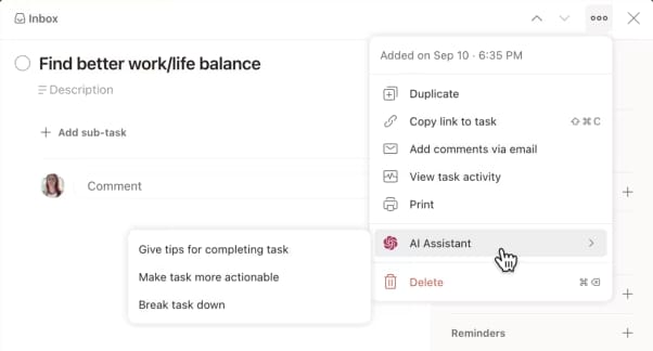 Ein Popup des Todoist-KI-Assistenten mit dem Titel „Aufgaben vorschlagen