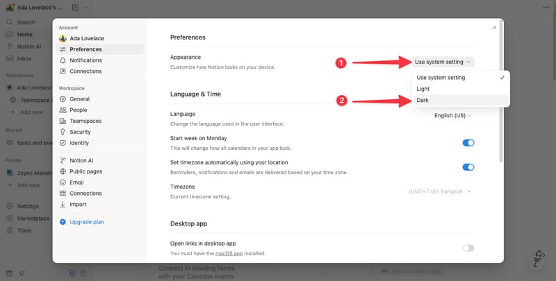 Notionデスクトップページの表示設定からダークモードを選択する画面