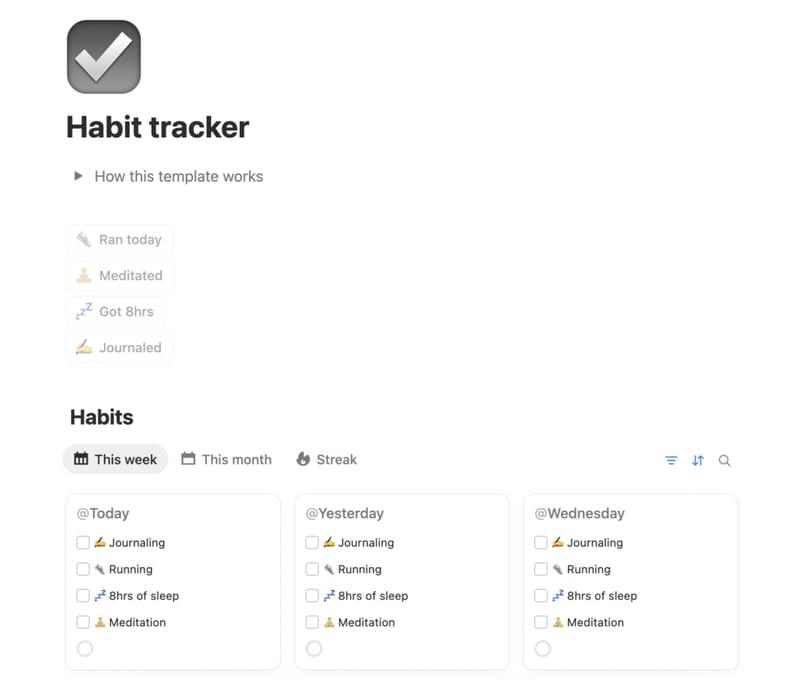 Plantilla gratis de seguimiento de hábitos en Notion - vista de checklist diario