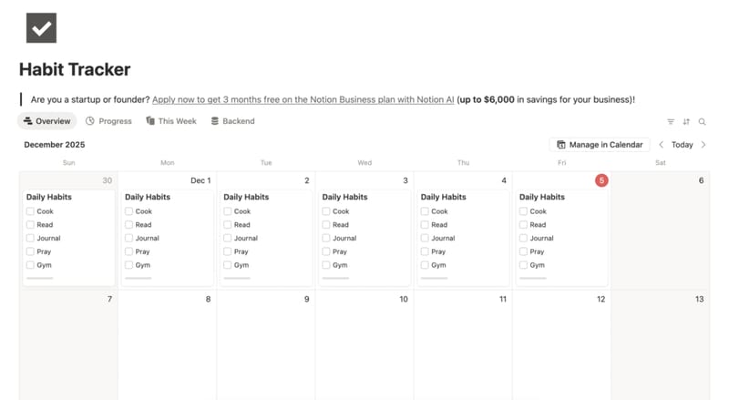 Plantilla Notion rastreador de hábitos con vista de calendario por Desbyseb