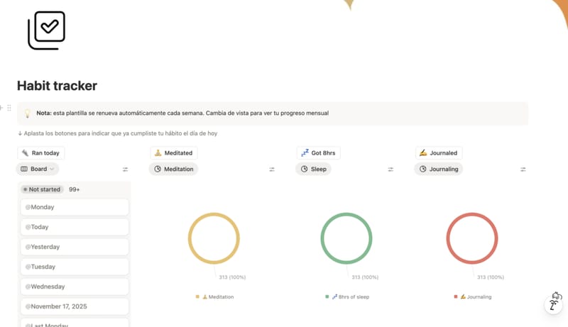 Plantilla Notion seguimiento de hábitos con gráficos visuales y estadísticas