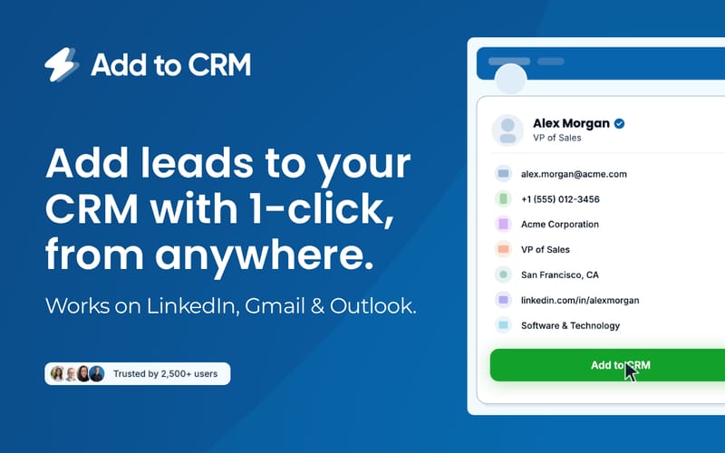 Add to CRM extension popup on a LinkedIn profile showing enriched contact card with verified email and one-click save button