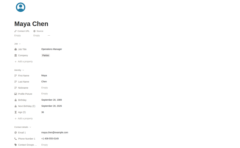 Notion contact page showing job title, company, birthday, email, phone, and contact groups