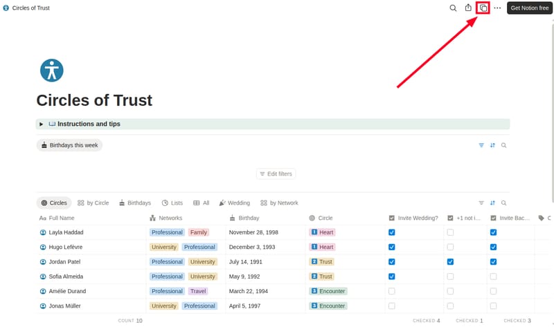 Duplicating the Circles of Trust template into a Notion workspace