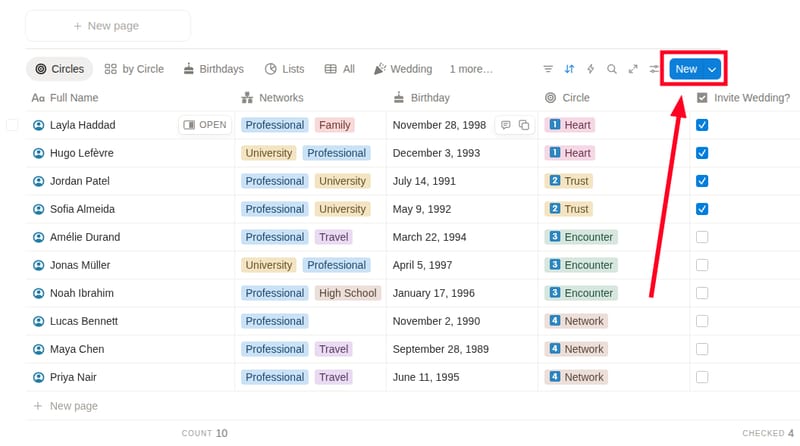 Adding a new contact to the Circles of Trust template in Notion
