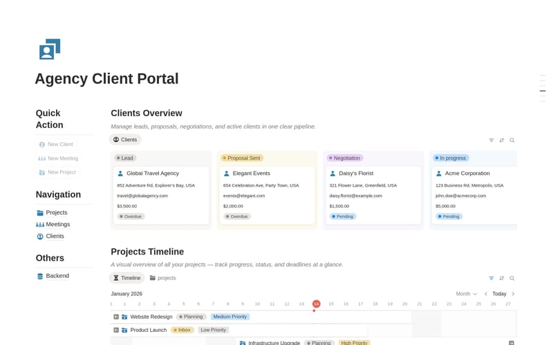 Aperçu du template Agency Client Portal montrant des clients liés à des tâches projet et des fils de communication dans Notion