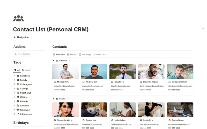 Aperçu du template Contact List Personal CRM montrant un tableau épuré de contacts avec tags et dates de dernier échange dans Notion