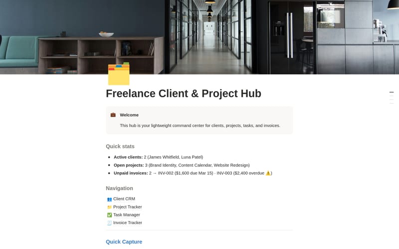 Aperçu du template Freelance Client Project Hub montrant clients, projets, factures et tâches reliés dans Notion