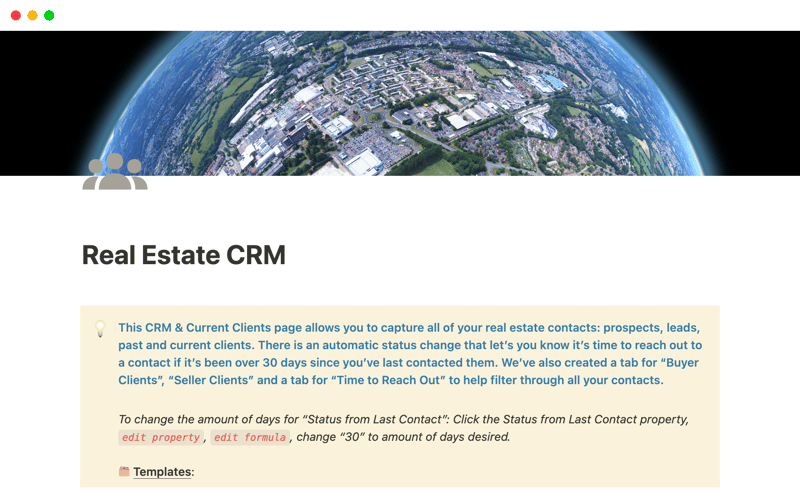 Aperçu du template Real Estate CRM montrant des annonces immobilières liées à des contacts clients et des chronologies de transactions dans Notion