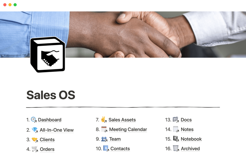Aperçu du template Sales OS montrant un tableau de bord avec prévisions, hiérarchie de comptes et journaux d'activité dans Notion