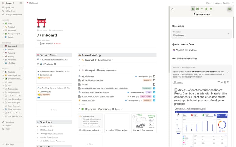 Evergreen Notes sidebar open inside a Notion page showing backlinks tab and highlights collector