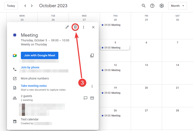 Termin löschen über das Papierkorb-Symbol