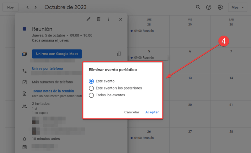 Eliminar evento recurrente