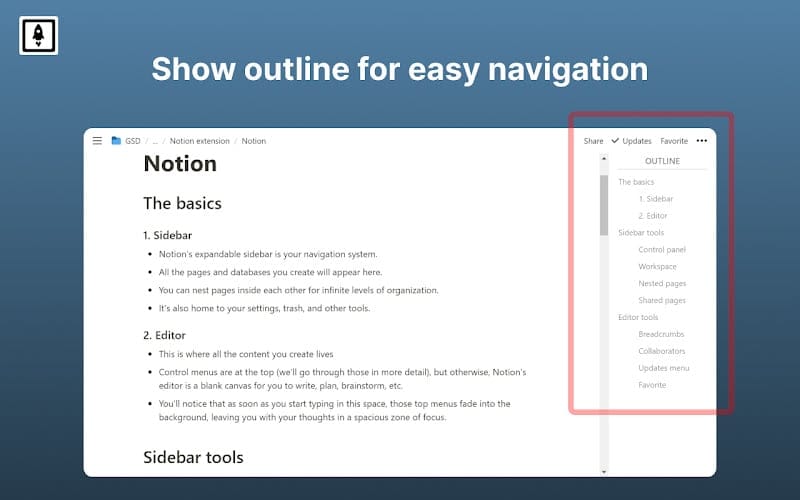 Notion Boost의 Outline 기능 예시, Notion, The basics, 페이지에서 우측의 개요 패널을 강조해 제목별로 빠르게 이동하는 모습.