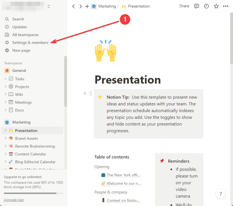 Gehe zu Einstellungen & Mitglieder in Notion