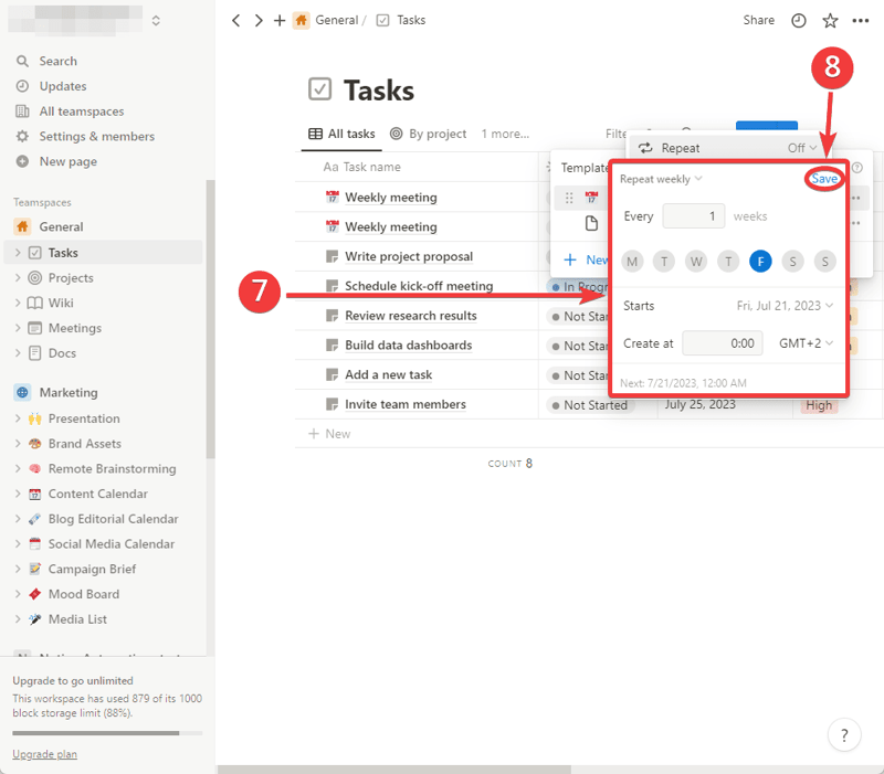 Defina a frequência de repetição, intervalo, data de início e fuso horário