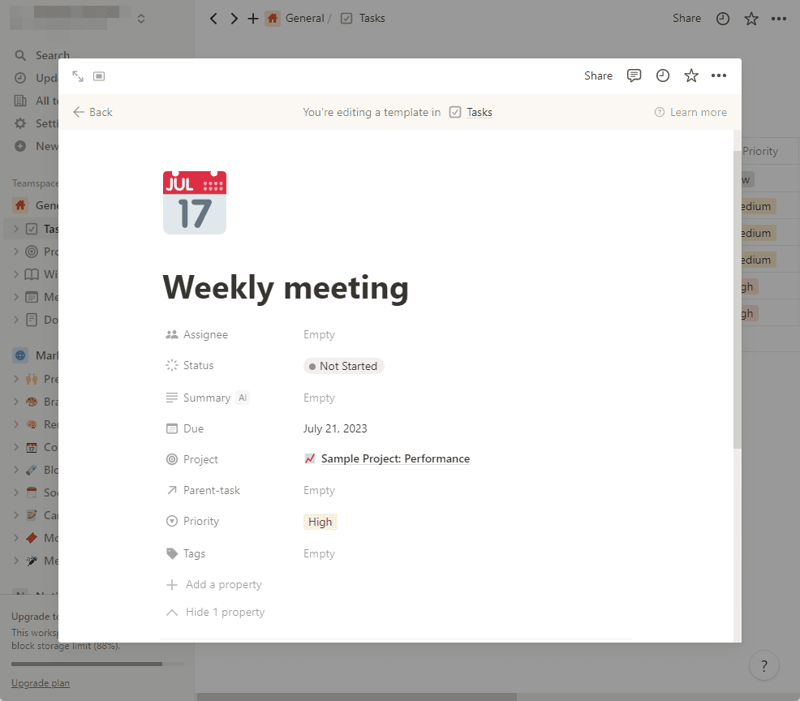 Configure as propriedades do modelo