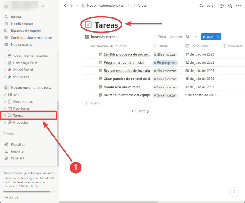 Base de datos de tareas en Notion