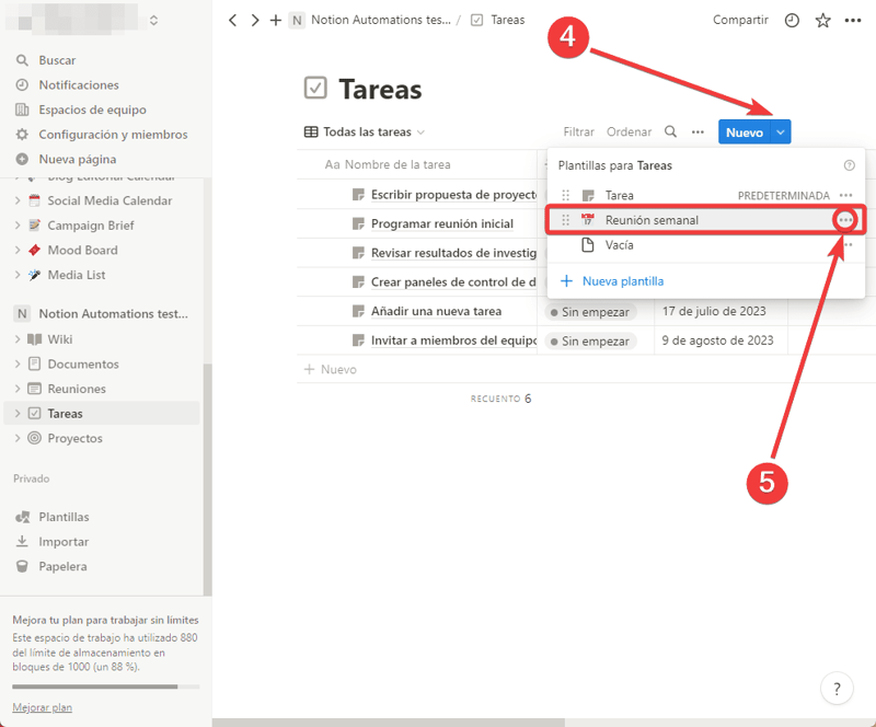 Configura los ajustes de repetición haciendo clic en el icono de tres puntos de tu plantilla
