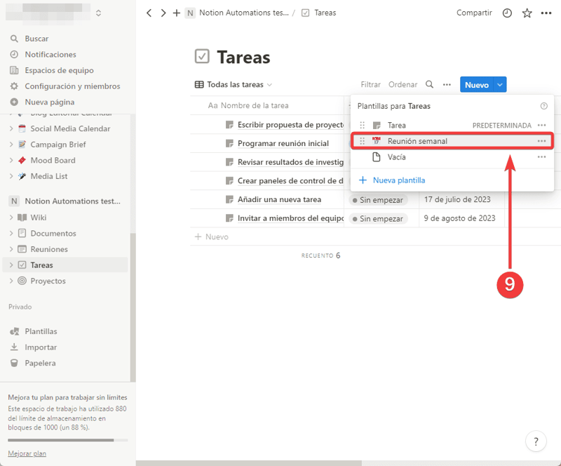 Crea una nueva tarea recurrente basada en la plantilla