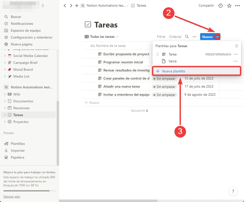 Haz clic en la flecha azul y selecciona + Nueva plantilla