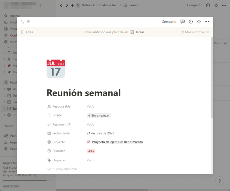 Configura las propiedades de tu plantilla