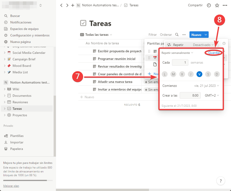 Configura la frecuencia de repetición, el intervalo, la fecha de inicio y la zona horaria
