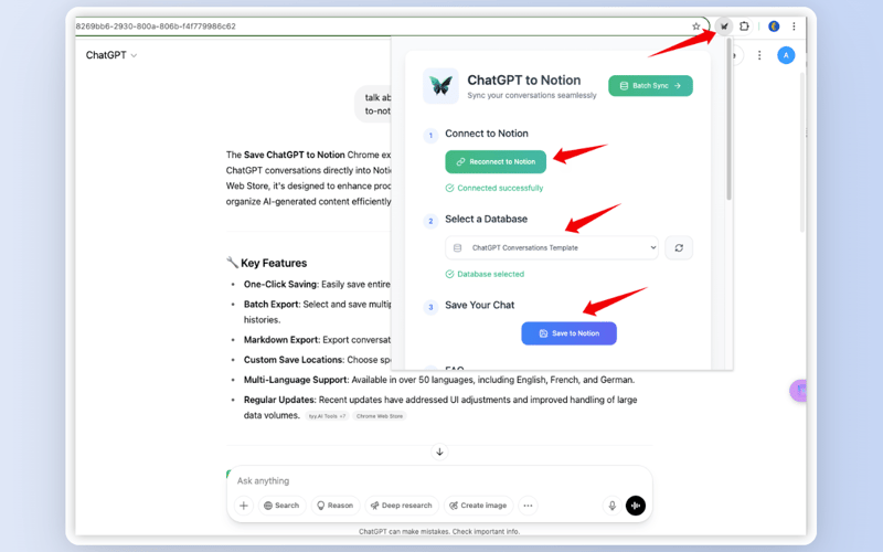 Save ChatGPT to Notion extension popup inside a ChatGPT conversation with save button and database selector