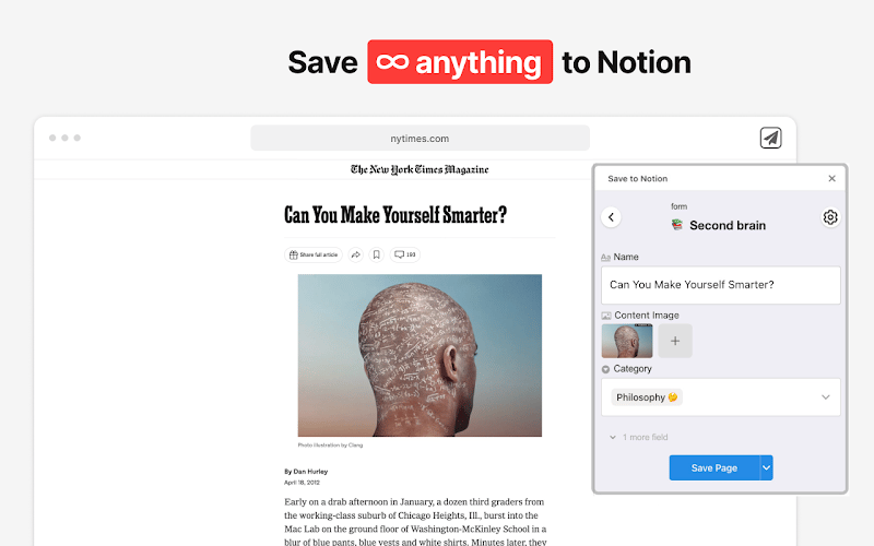 Save to Notion 크롬 확장 프로그램이 뉴욕 타임스 기사, Can You Make Yourself Smarter?, 를 Second brain 데이터베이스에 저장하는 화면. 제목, 콘텐츠 이미지, 카테고리, Philosophy, 필드가 보이고 상단에는 Save ∞ anything to Notion 배너가 표시됨.