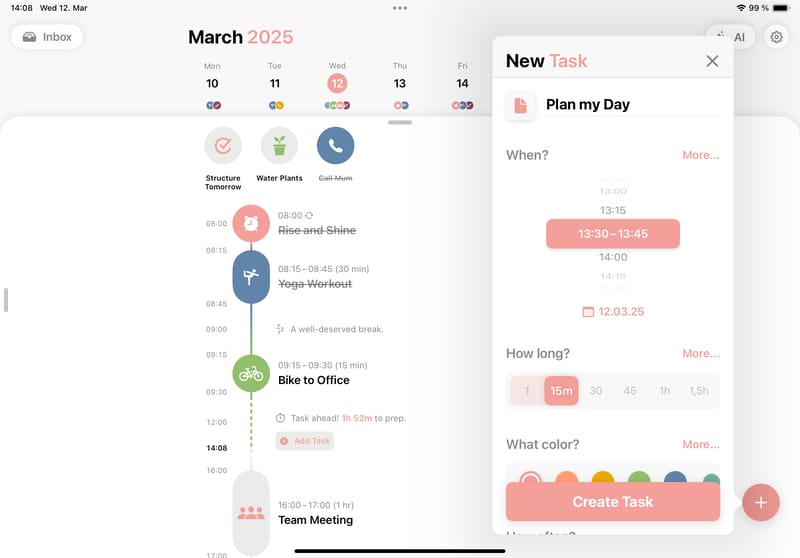 Structured 일일 플래너 앱의 타임라인 뷰