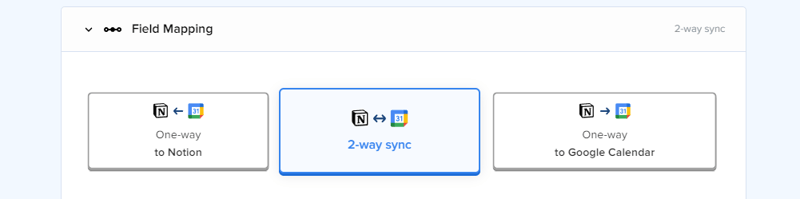 Selector de dirección de sincronización en Mapeo de campos mostrando tres opciones: Unidireccional a Notion, sincronización bidireccional seleccionada y Unidireccional a Google Calendar