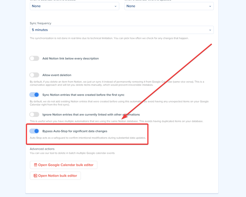 Interruptor Omitir auto-detención para cambios significativos de datos en el panel de configuración de sincronización
