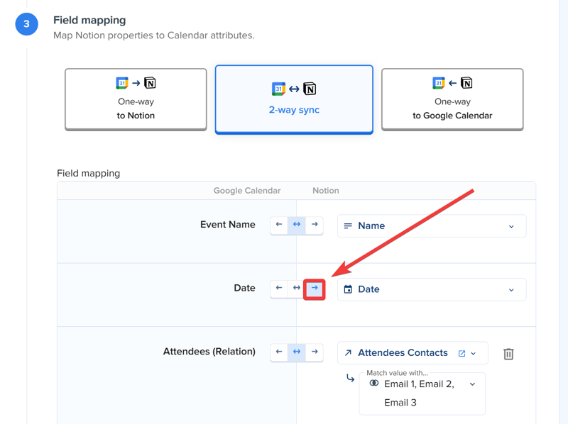 Panel de mapeo de campos mostrando dirección de sincronización por campo: Nombre del evento y Participantes configurados como bidireccional, Fecha configurada como unidireccional a Google Calendar