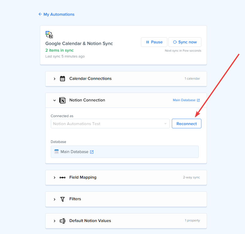 Configuración de automatización mostrando la sección de conexión de Notion con el botón Reconnect resaltado