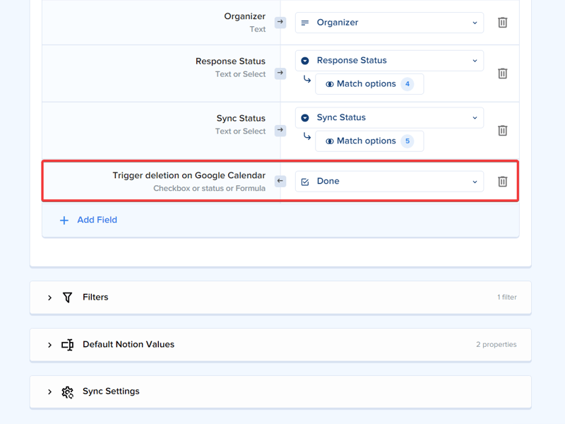 Mapeo de campos mostrando Activar eliminación en Google Calendar mapeado a la propiedad de casilla de verificación Hecho