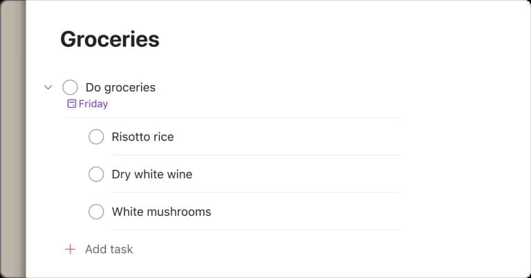 Todoist의 'Groceries' 프로젝트 예시, 'Do groceries' 아래에 'Risotto rice', 'Dry white wine' 같은 하위 작업이 있는 할 일 리스트.