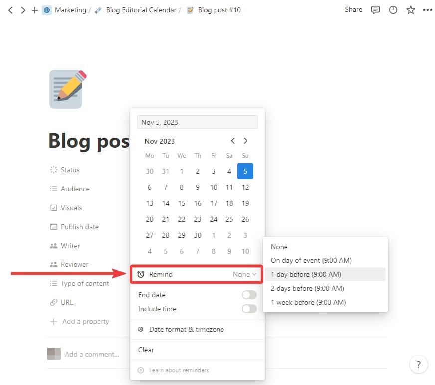 Notion 데이터베이스 리마인더 예시