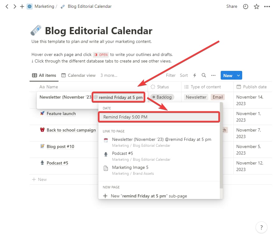 Notion 인라인 리마인더 예시