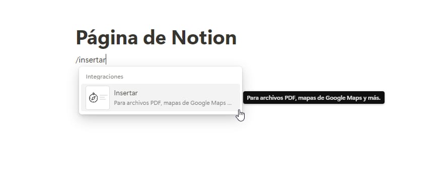 Añade un widget en Notion escribiendo /insertar y seleccionando la opción