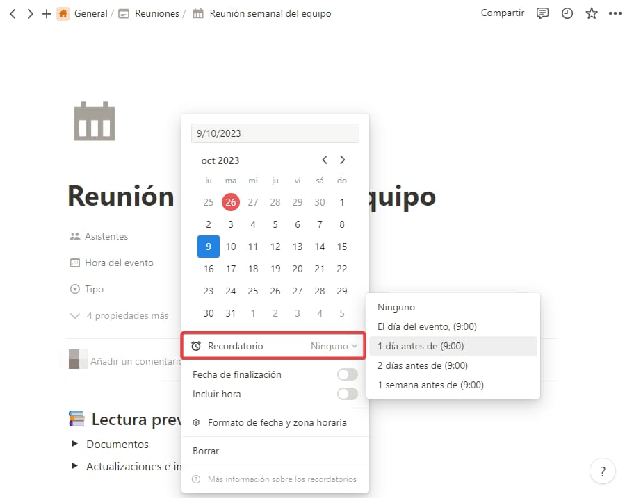 Ejemplo de recordatorio en base de datos de Notion