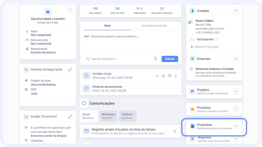 Tela de negócio do Moskit CRM com o painel Propostas destacado ao lado do histórico de atividades e dos canais de contato